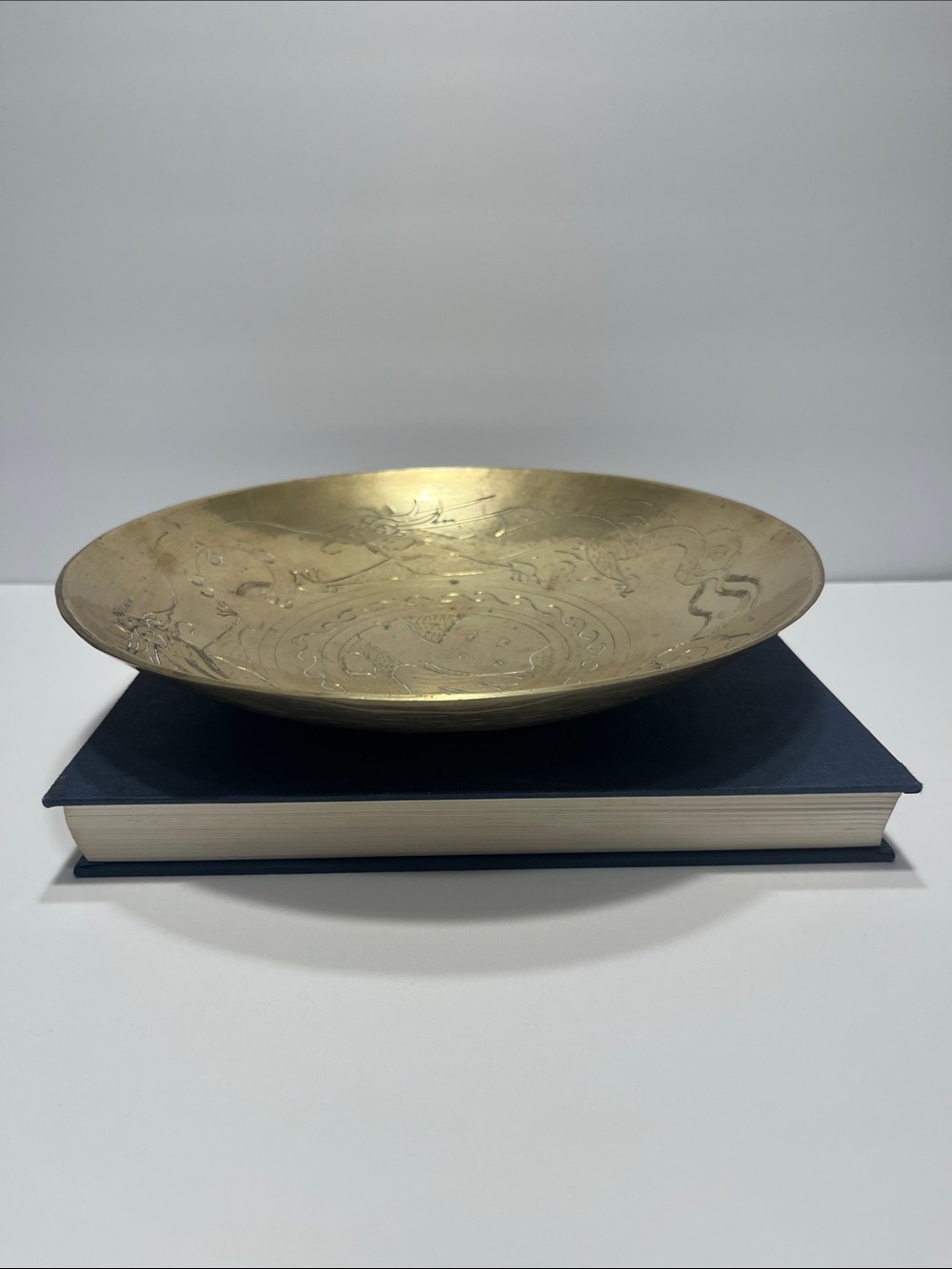 Antique Vintage Chinese Hand Engraved Solid Brass Dragon Bowl